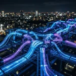 Futuristic fiber optic network cables glowing with data streams representing AI-powered telecommunication infrastructure