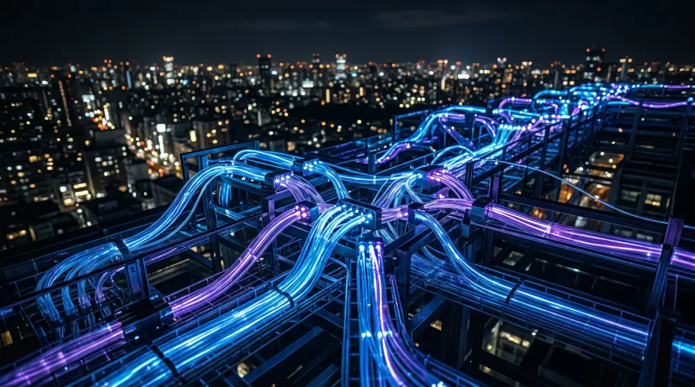 Futuristic fiber optic network cables glowing with data streams representing AI-powered telecommunication infrastructure