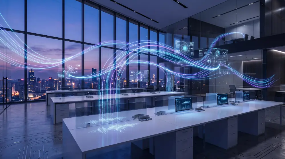 A modern office with glowing network nodes representing AI-powered VoIP solutions connecting remote teams