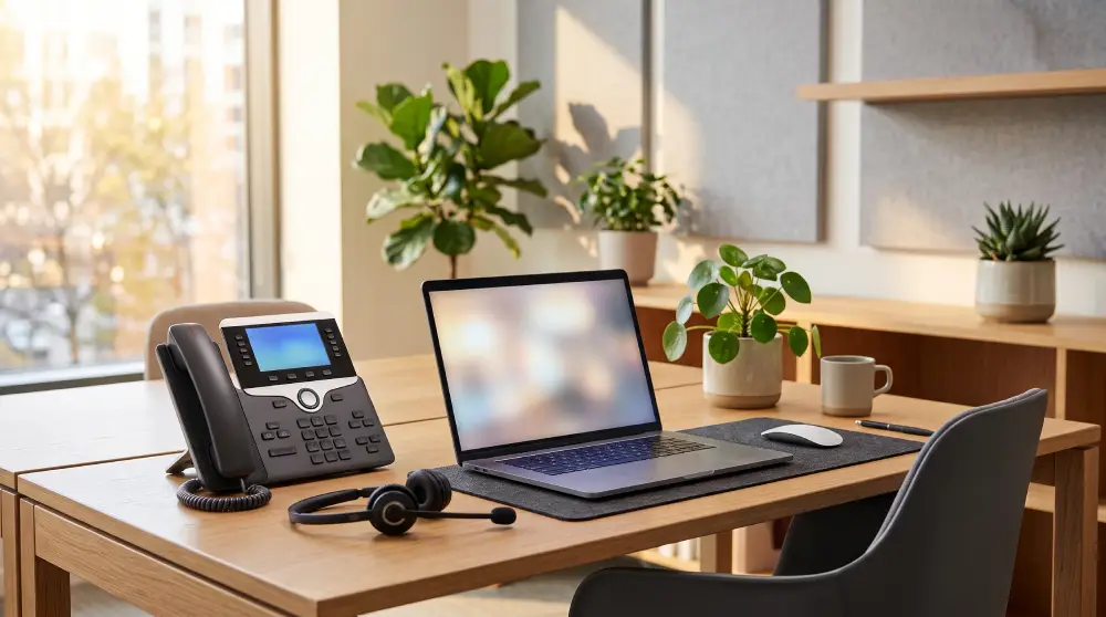 Small business team using VoIP phone system in a modern office