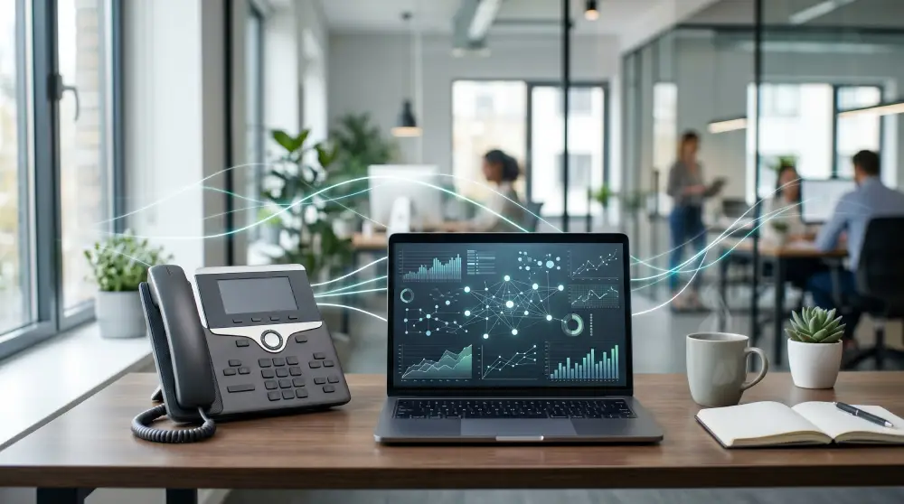 A sleek modern corporate office desk featuring an IP phone, a laptop showing a clean communication dashboard, and subtle digital network graphics overlaying the background.
