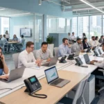 Business team using cloud PBX phone system in a modern office environment