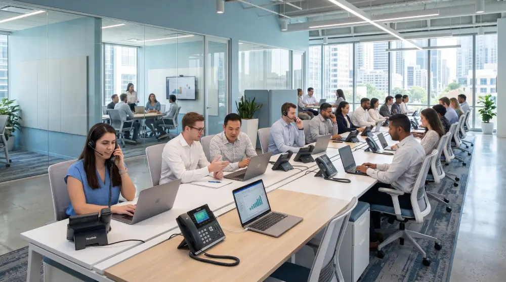 Business team using cloud PBX phone system in a modern office environment