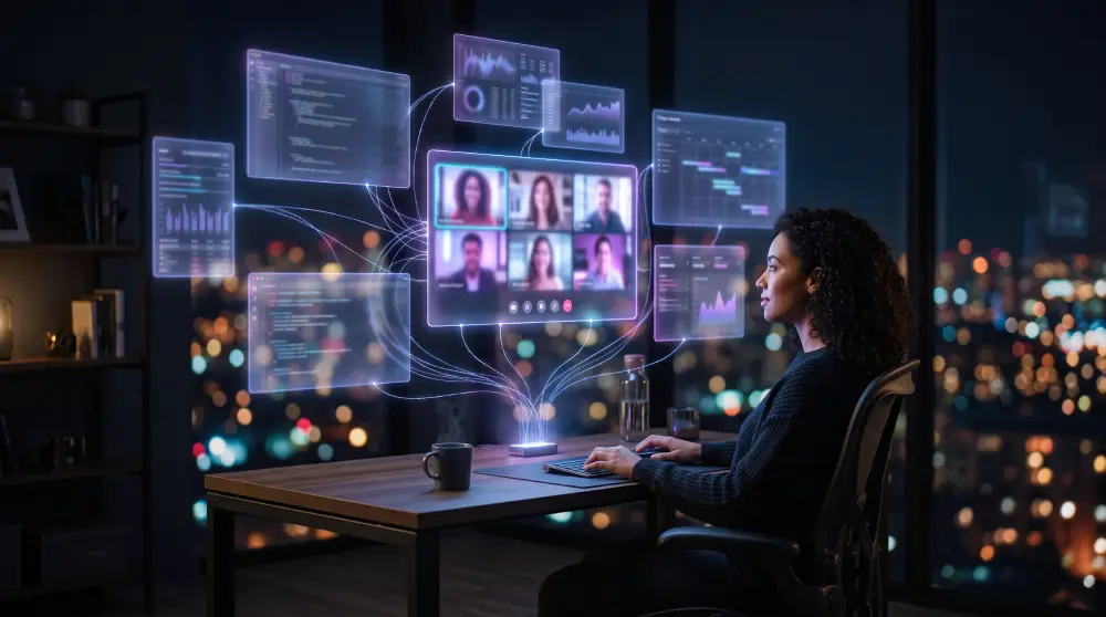 A diverse remote team collaborating through digital communication tools on laptops and devices from different global locations