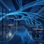 A modern business office with digital communication network connections representing SIP trunking infrastructure
