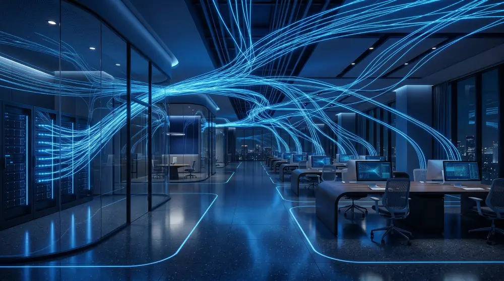 A modern business office with digital communication network connections representing SIP trunking infrastructure