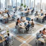 Business team collaborating through unified communications solutions on multiple devices in a modern office environment