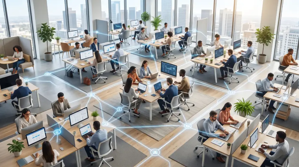 Business team collaborating through unified communications solutions on multiple devices in a modern office environment
