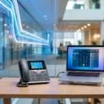 A modern office setup with a laptop, headset, and VoIP phone on a clean desk representing digital business communication.