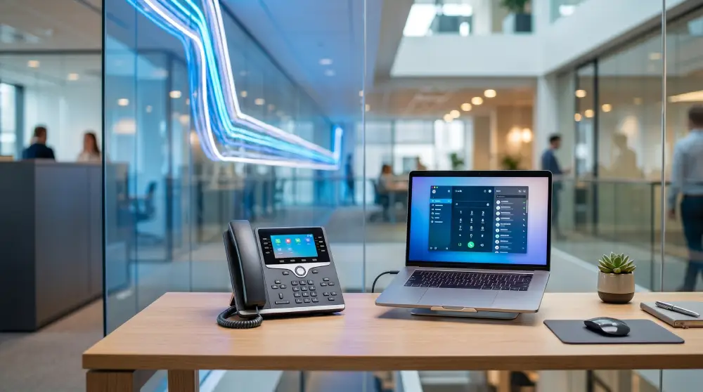 A modern office setup with a laptop, headset, and VoIP phone on a clean desk representing digital business communication.