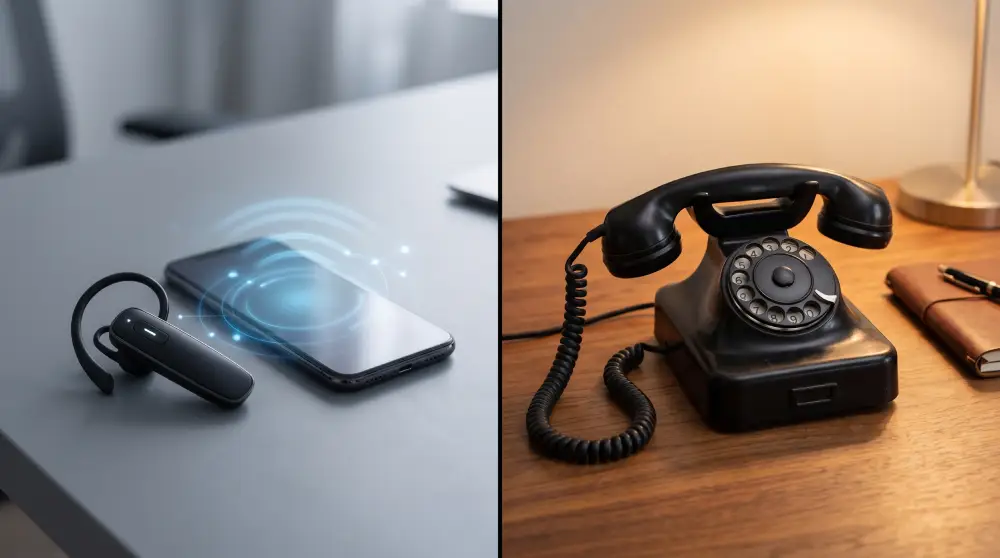 Comparison concept of VoIP digital calling versus traditional landline phone system