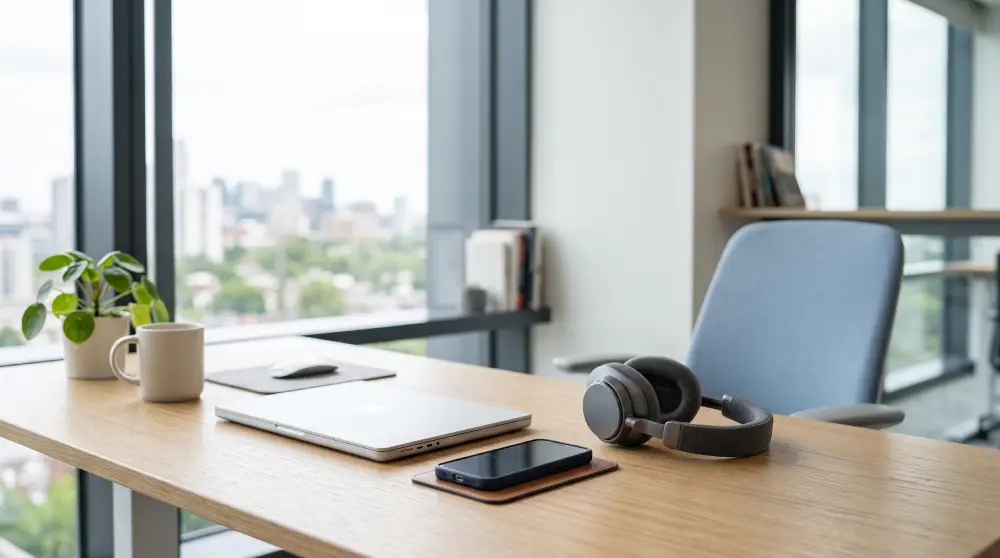 Modern office desk with a wireless headset and smartphone representing VoIP vs PBX business communication systems
