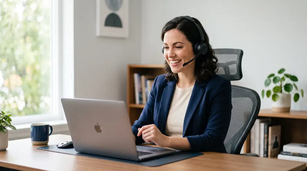 Person using a headset to make a VoIP call on a laptop in a home office
