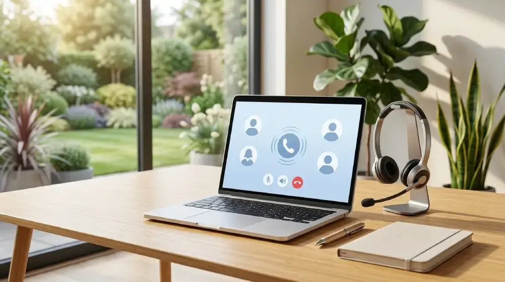Modern office desk with headset and laptop representing a VoIP business phone system