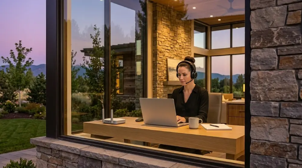 Professional using a headset for a clear VoIP call in a modern office setting