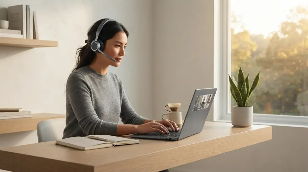 Remote employee using VoIP headset and laptop in a home office setup