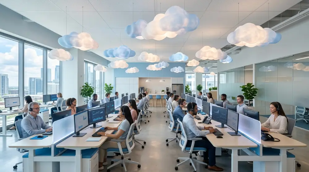 Customer support agents working in a modern cloud based contact center office