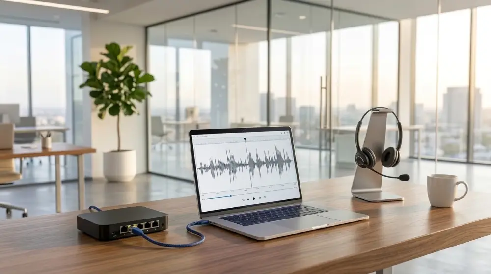 VoIP headset and router with Ethernet cable on a modern office desk