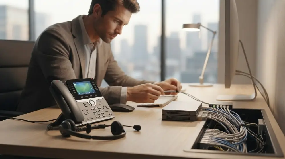 Professional troubleshooting a VoIP phone and network setup at an office desk