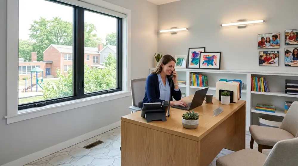 Teacher using a modern VoIP phone system in a bright school office