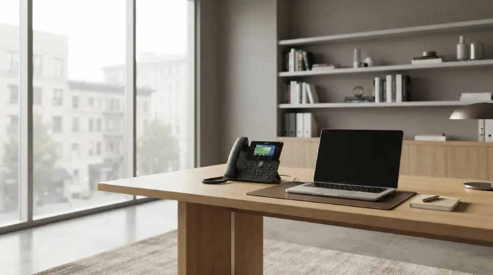 Modern law office desk with a VoIP phone and laptop used for client communication