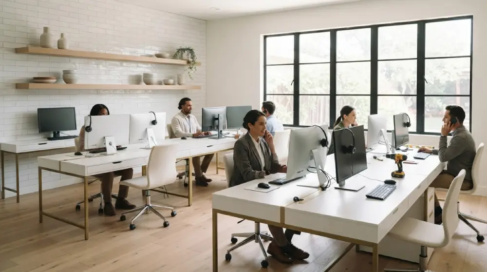 Call center agents wearing headsets working at computers in a modern office