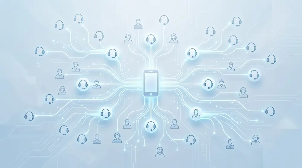 Illustration showing AI Call Routing connecting a phone call to the right support agent through a digital network