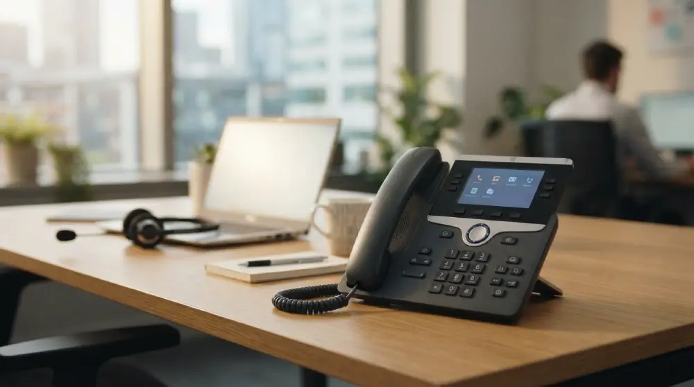 Modern business phone system on an office desk with a laptop and headset in the background