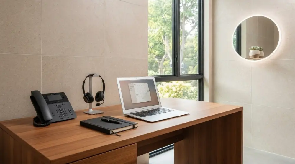 Modern office desk with a business phone system and headset