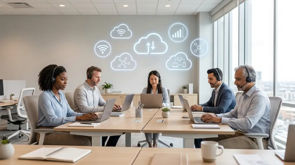 Team of professionals using cloud phone systems for business communication in a modern office