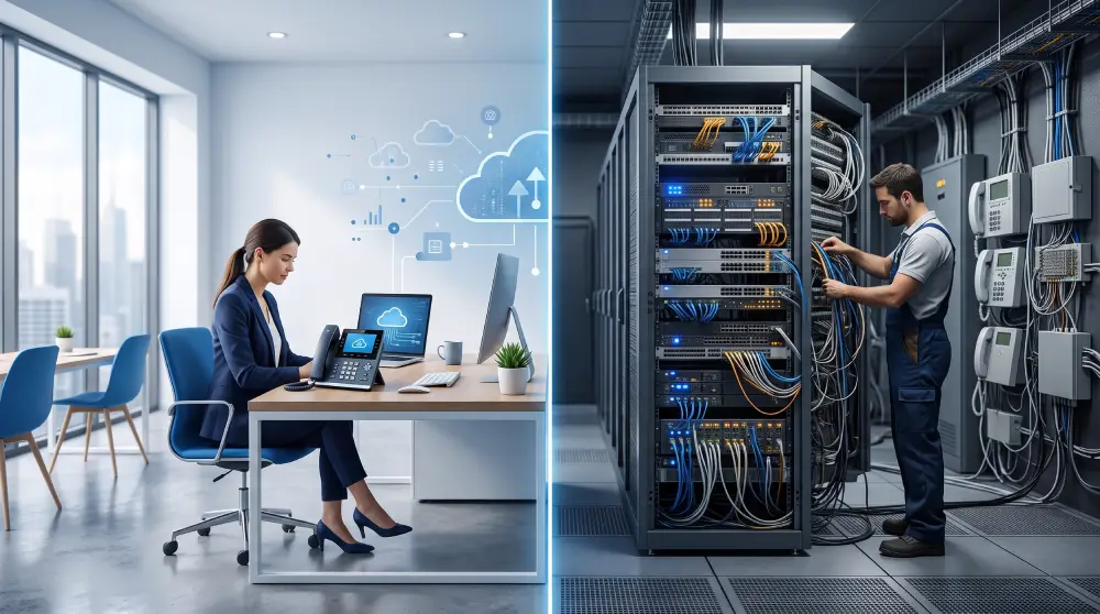 Illustration comparing hosted PBX cloud phone system with on-premise PBX server hardware setup