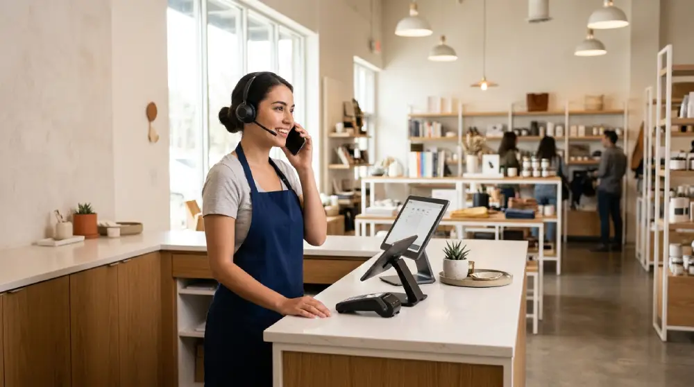 Retail store employee using VoIP phone system to assist a customer call at the checkout counter