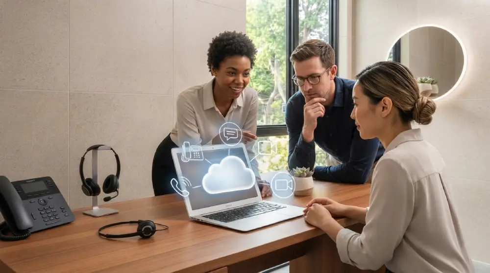 Team collaborating in a modern office using cloud based unified communications on a laptop