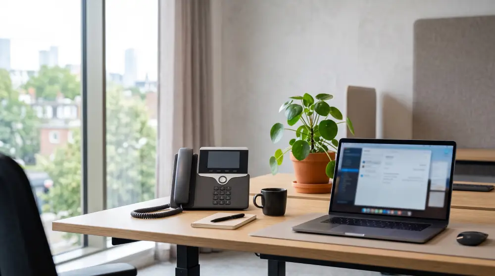 Modern VoIP phone on an office desk with a laptop and plant in the background
