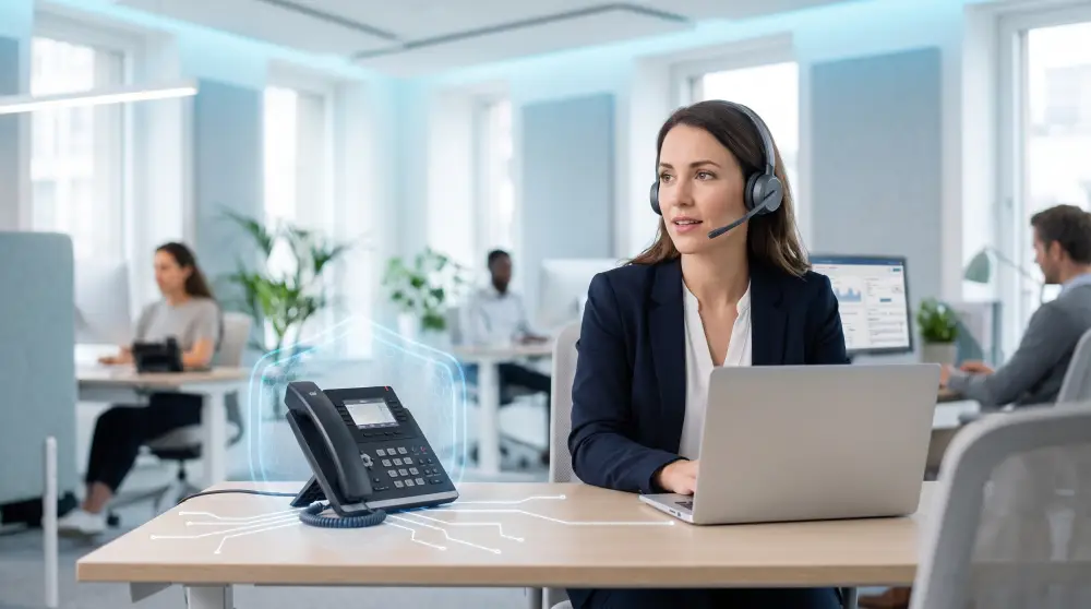 Professional using a secure VoIP phone system with digital shield symbolizing network protection