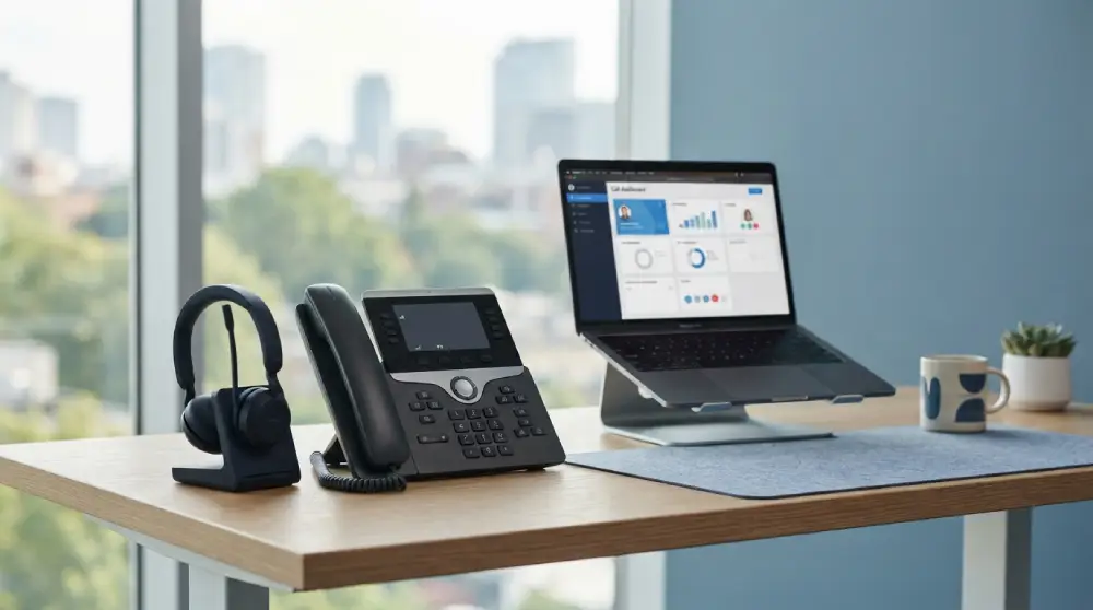 Modern office desk with an IP phone and headset representing a VoIP installation setup