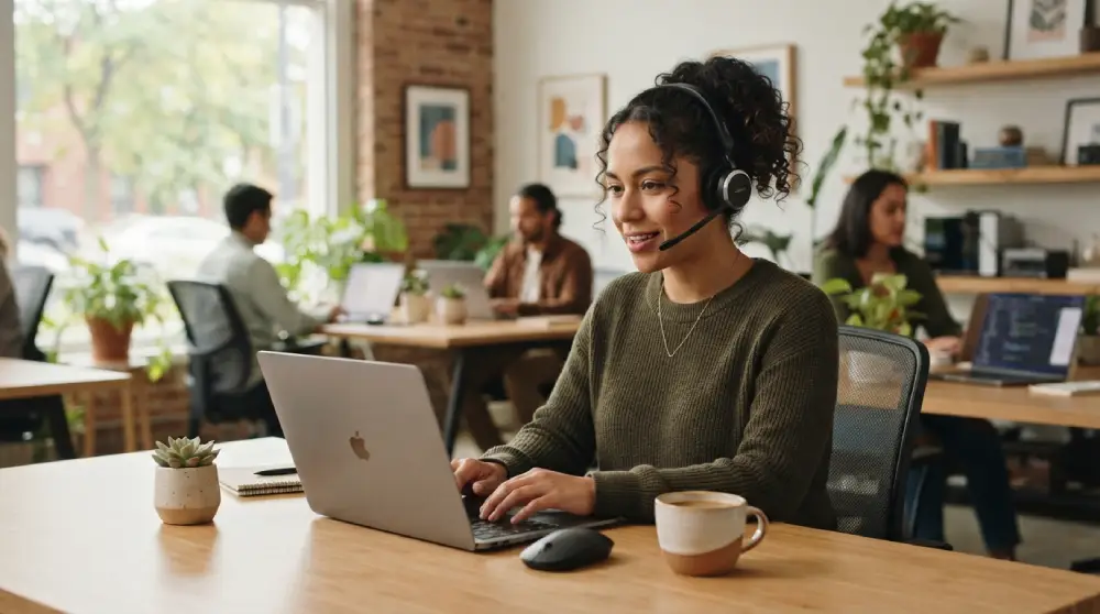 Small business employee using a headset and laptop for VoIP phone calls in a modern office