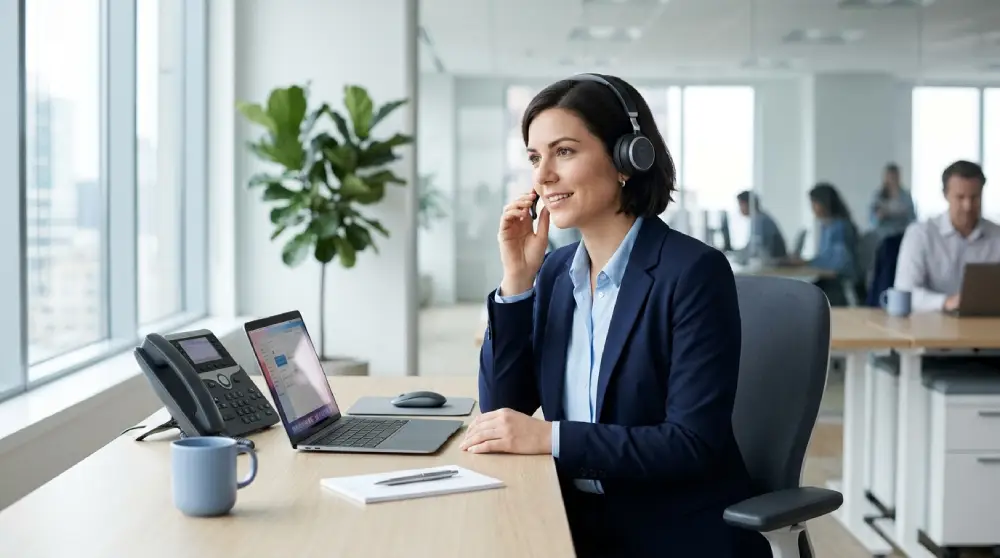 Business professional using a VoIP phone system with a headset and laptop in a modern office