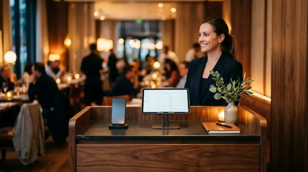 Restaurant host stand using a VoIP phone system for calls and reservations