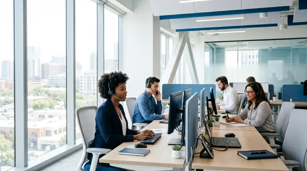 Enterprise employees using VoIP phone systems in a modern office setting