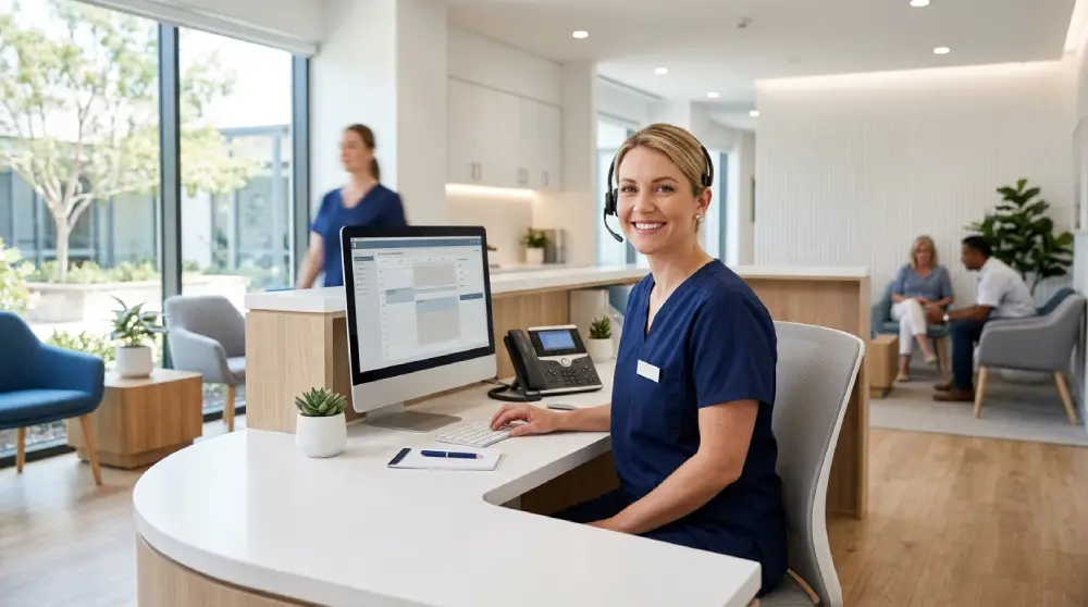 Healthcare receptionist using a VoIP headset system at a clinic front desk