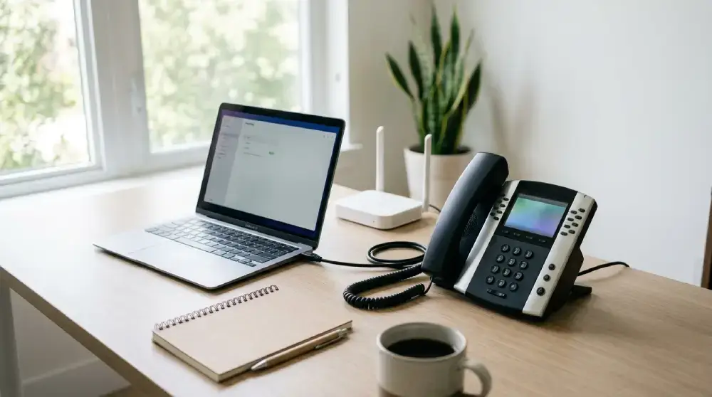VoIP desk phone connected to a laptop and router in a modern home office setup