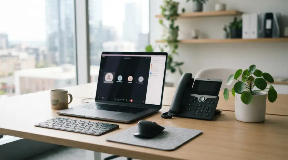Modern office desk with a business phone system and laptop used for managing calls
