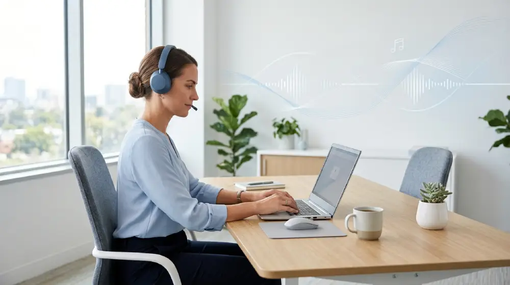 Professional using a headset and laptop to make a VoIP call in a modern office