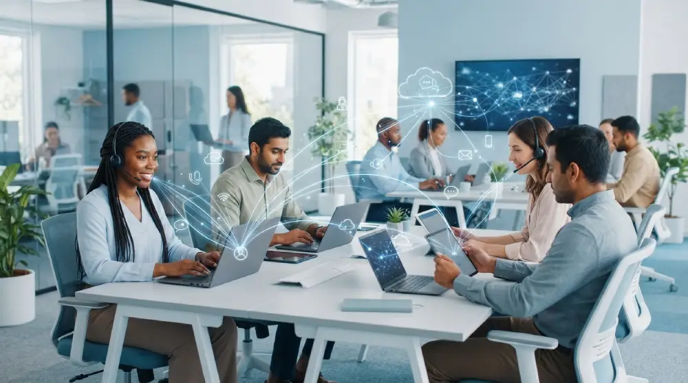 Illustration of professionals using cloud based communication tools across devices in a modern office