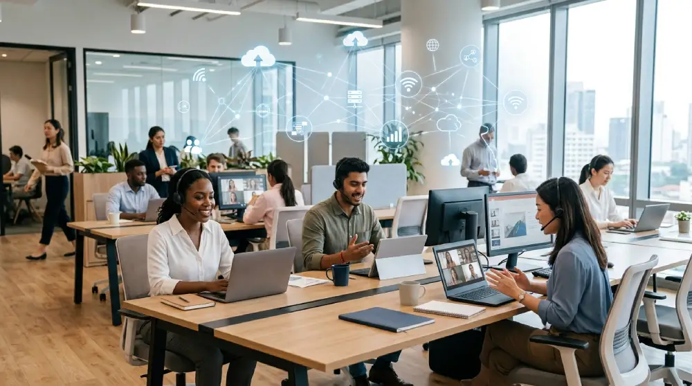 Professionals in a modern office using cloud based communication tools for voice and video calls