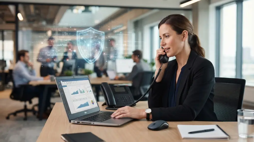 Business professional using a secure VoIP phone system with a digital security shield graphic representing fraud prevention