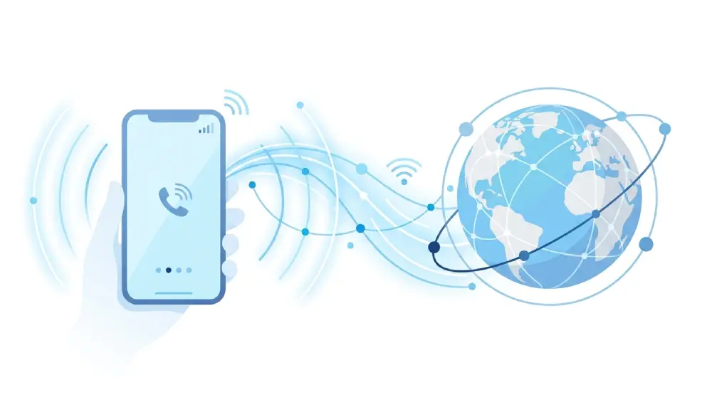 Illustration of a smartphone connected to a global network representing virtual phone numbers