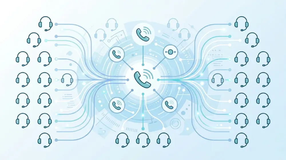 Illustration showing call routing concept comparing ring groups and call queues in a business phone system