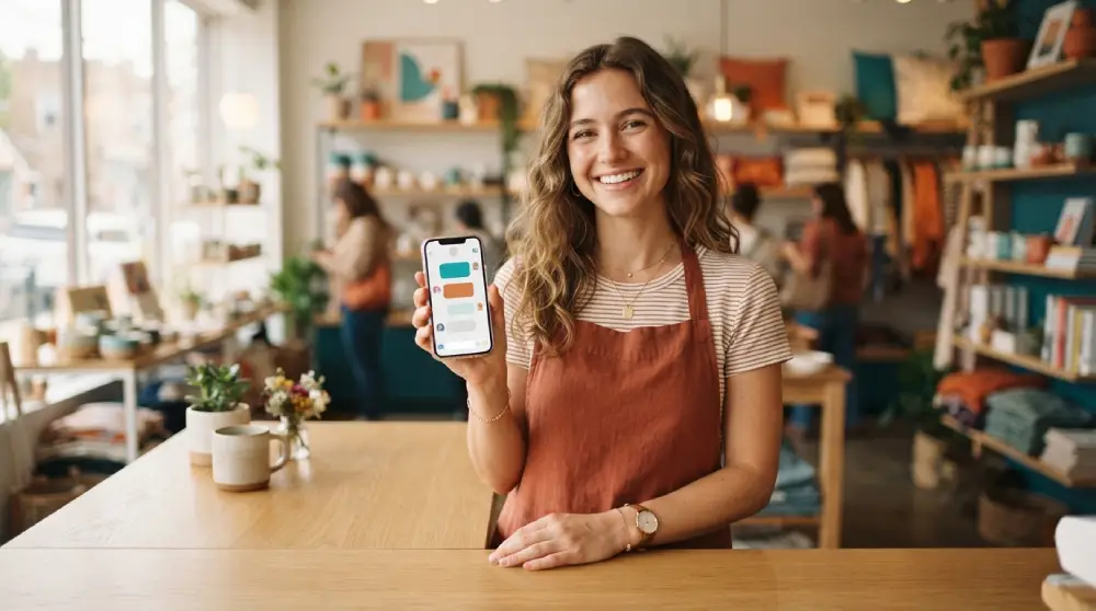 Smiling business owner holding a smartphone with chat bubbles, showing how business text messaging connects companies with customers